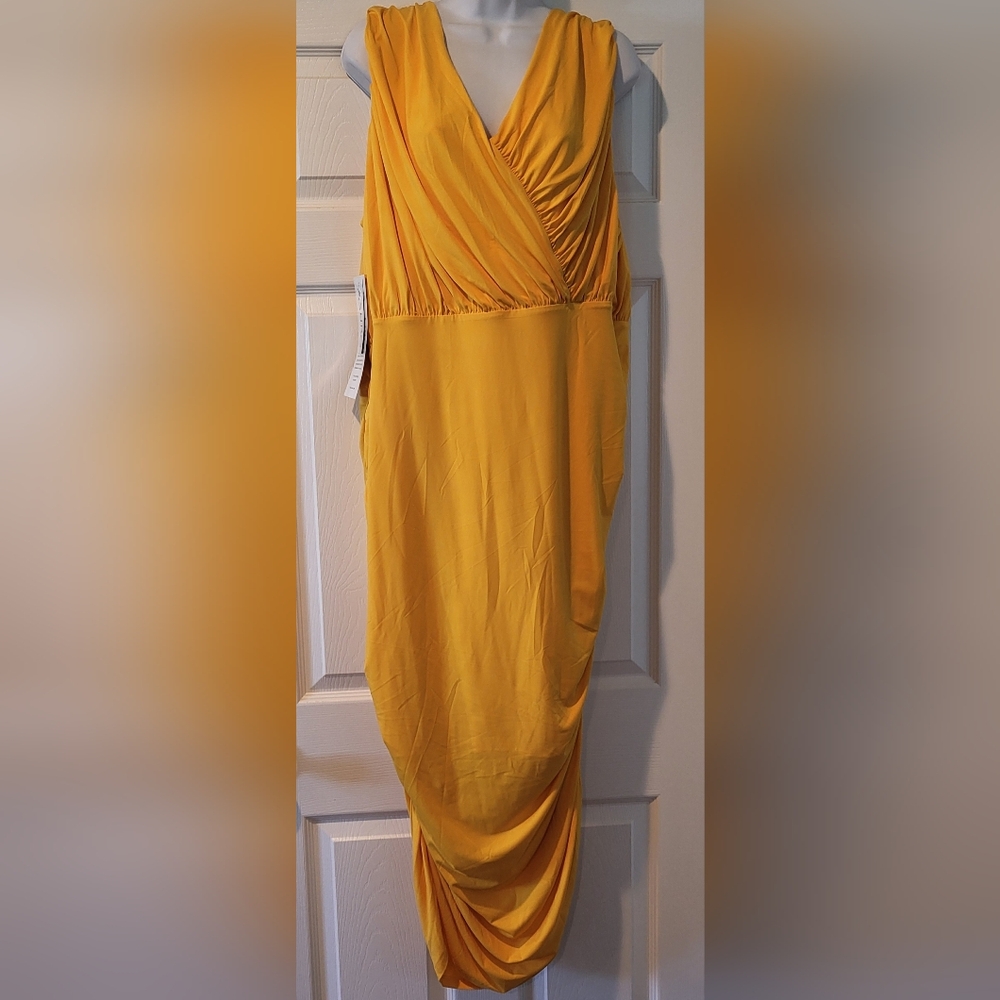 Ashro Women’s Yellow Dress Gold Stretch, Wedding Guest, Evening Sz 2x